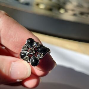 Vintage Style Black Floral Cluster Cocktail Ring Gun Metal Finish